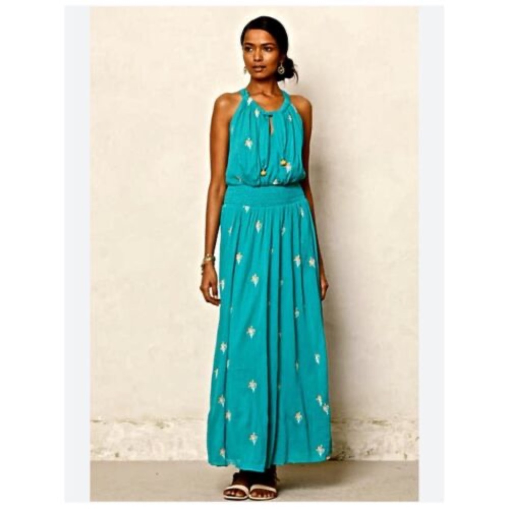 Anthro Floreat Maxi Crepe 4 Dress Embroidered Turquoise Coastal Resort Garden